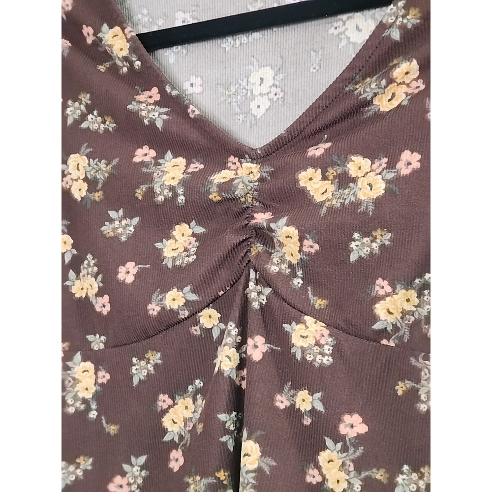 Y2K Brown Floral Baby Doll Short Sleeve Baby Tee Size Medium Cropped 90s Boho - Picture 3 of 11